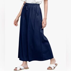 Washed Linen Casual Loose Wide Leg Pants Pocket Pant with Draw String -navy